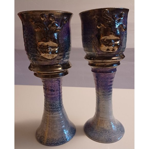 Goblets-Pair of Vintage Signed LaStella Art Pottery Goblets Medusa Mermaid‎ OOAK